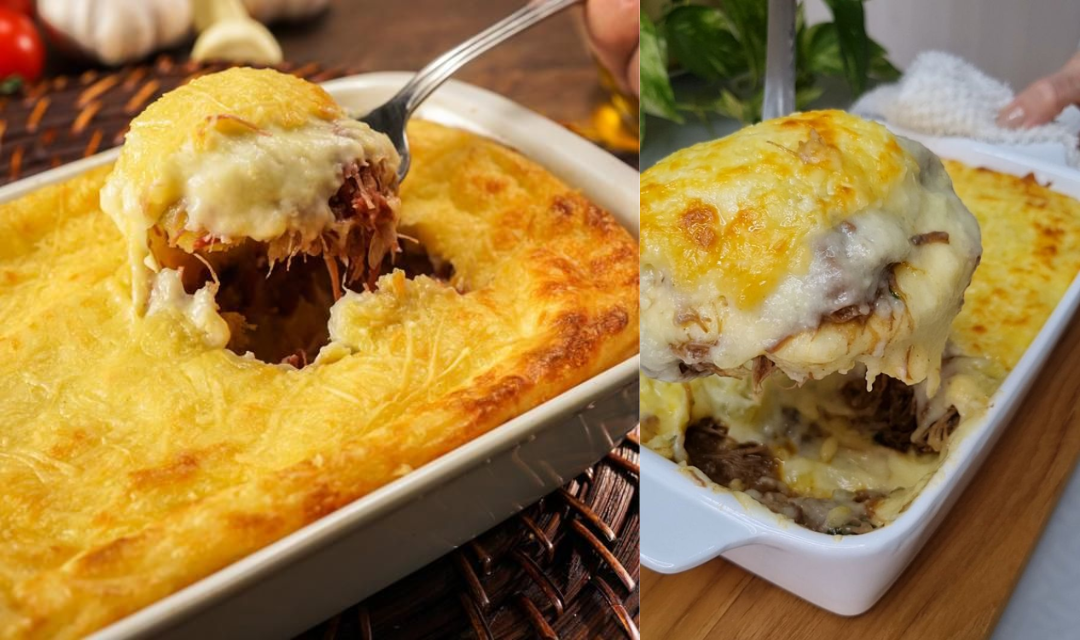 Misturei carne seca bem temperada com um purê cremoso e esse escondidinho virou o prato mais elogiado da casa