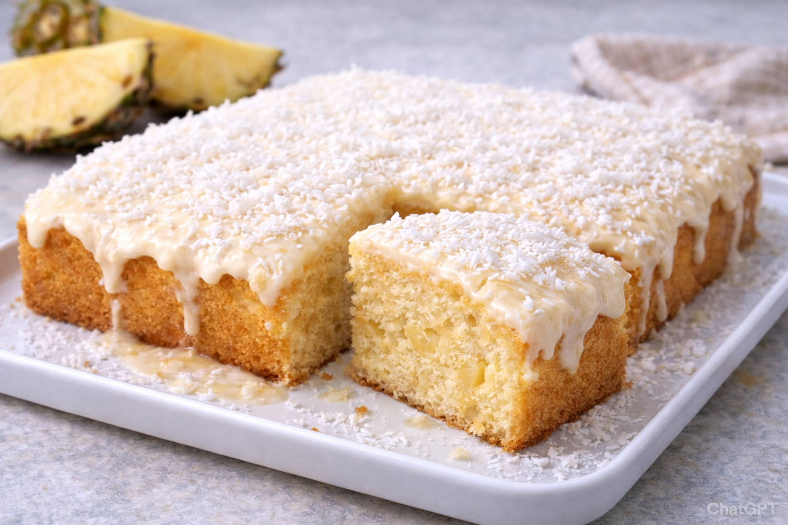 Bolo de Abacaxi com Cobertura de Coco Bem Cremosa