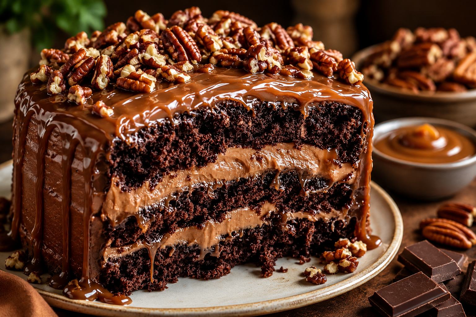 Bolo de Chocolate com Caramelo e Nozes Pecã: A Sobremesa Luxuosa que Derrete na Boca