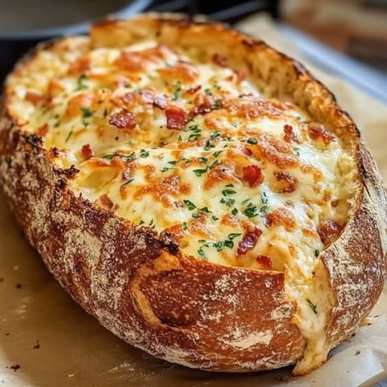 Seu marido vai ficar louco quando ver esse pão recheado com queijo e bacon gratinado